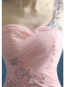 One Shoulder Beaded Blush Pink Ruched Chiffon Evening Dress